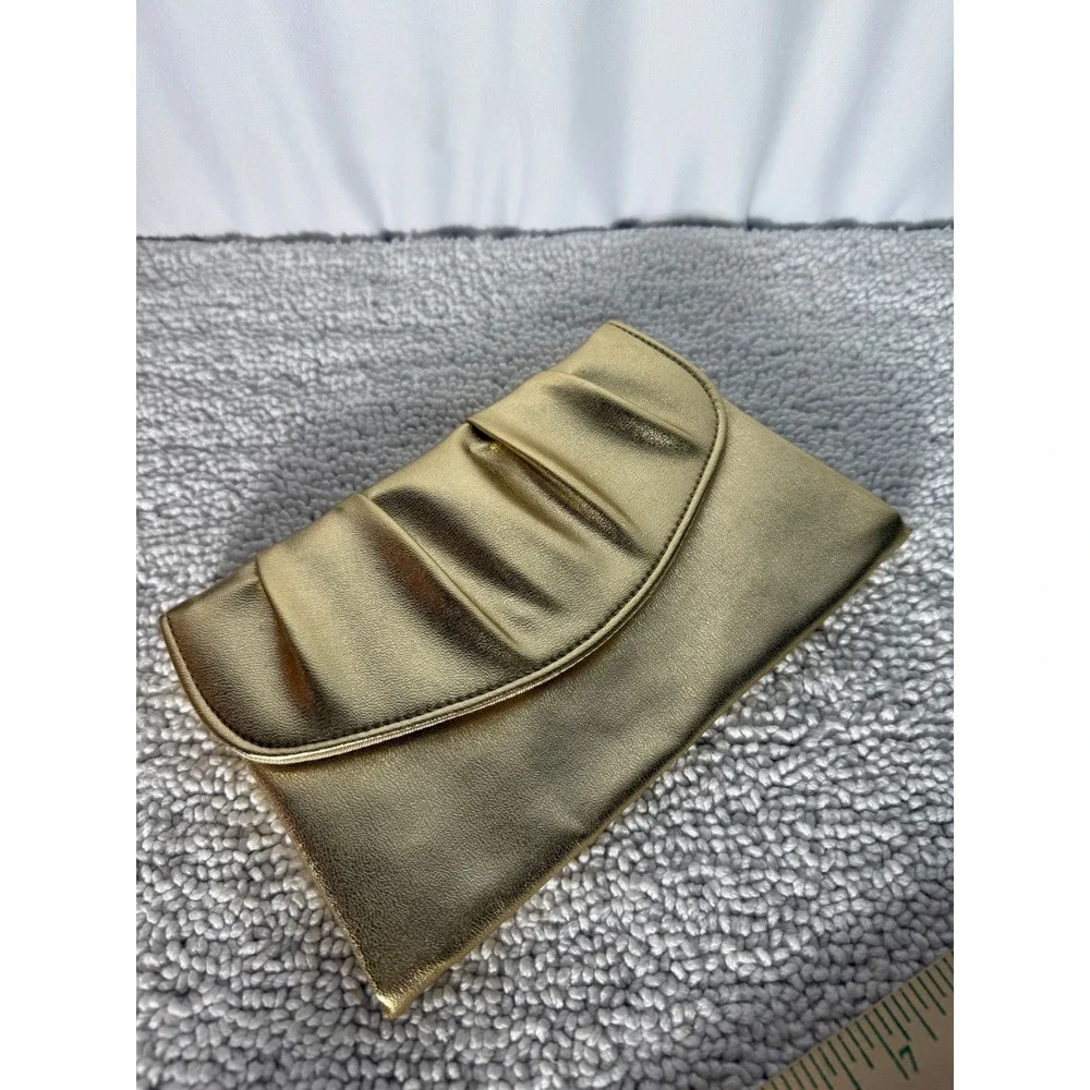 Gold Metallic Pleated Evening‎ Clutch Bag Ruched Formal Wedding Handbag